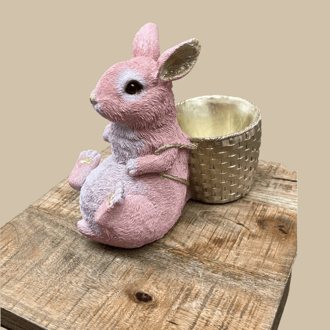 Konijn roze met mandje achter h.19cm